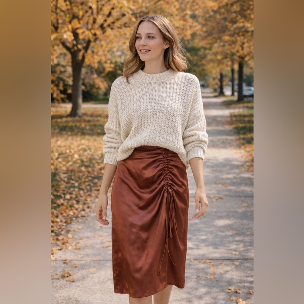 Cider Copper Orange Satin Midi Skirt XS